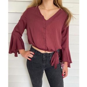 Maroon V-Neck Top With Flared Sleeves